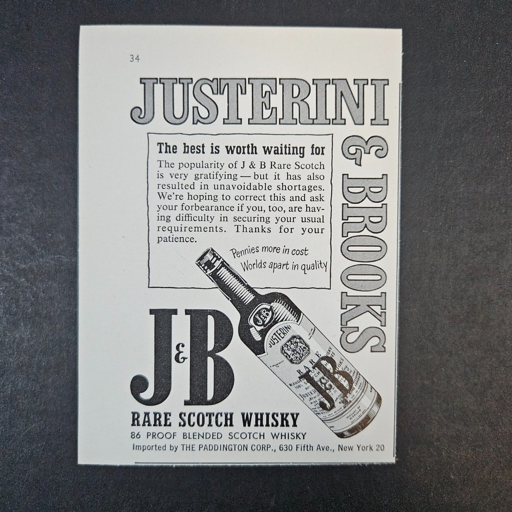 1957 J&B Justerini & Brooks Rare Scotch Whisky Vintage Print Ad Paddington Corp